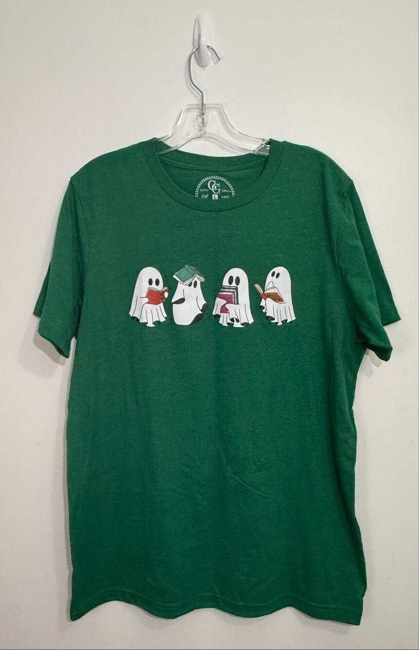NWOT - Ghosts Reading Books Graphic T-Shirt - Size Large to X-Large - Green